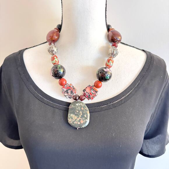 Handmade Chunky Beaded Necklace Unakite Cloisonné Ceramic Glass Eclectic Heavy - Picture 10 of 16
